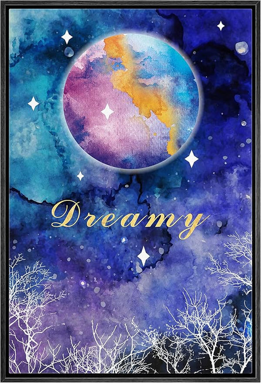 IDEA4WALL Framed Canvas Print Wall Art Dreamy Watercolor Galaxy with Star Covered Moon Astronomy & Space Sky Illustrations Modern Art Glam Colorful for Living Room, Bedroom, Office - 24"x36" BLACK