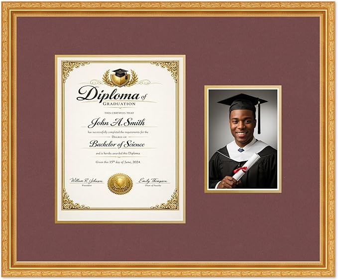 CountryArtHouse Fits 8.5 x 11 Certificate (Portrait) and 5 x 7 Photo Diploma and Photo Frame Museum Gold Genuine Hardwood with Dark Red Over Metallic Gold Double mat