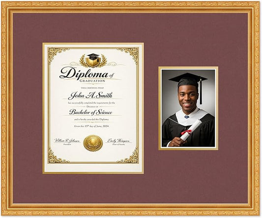 CountryArtHouse Fits 8.5 x 11 Certificate (Portrait) and 5 x 7 Photo Diploma and Photo Frame Museum Gold Genuine Hardwood with Dark Red Over Metallic Gold Double mat