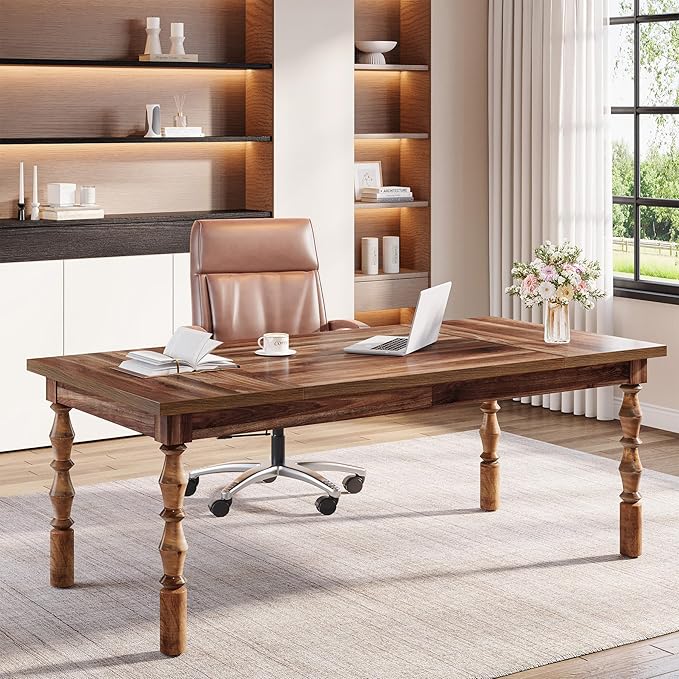 Tribesigns Large Executive Office Desk, 62.2-Inch Farmhouse Modern Computer Desk, Mid Century Study Writing Table Workstations Business Office Furniture with Carved Turned Legs (Walnut)
