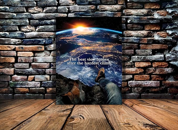 Creative Motivational Earth and Sunrise Wall Art Positive Quotes The Best View Comes After The Hardest Climb Artwork HD Print Modern Home Farmed Office Wall Decoration Painting Easy to Hang-18"Wx24"H