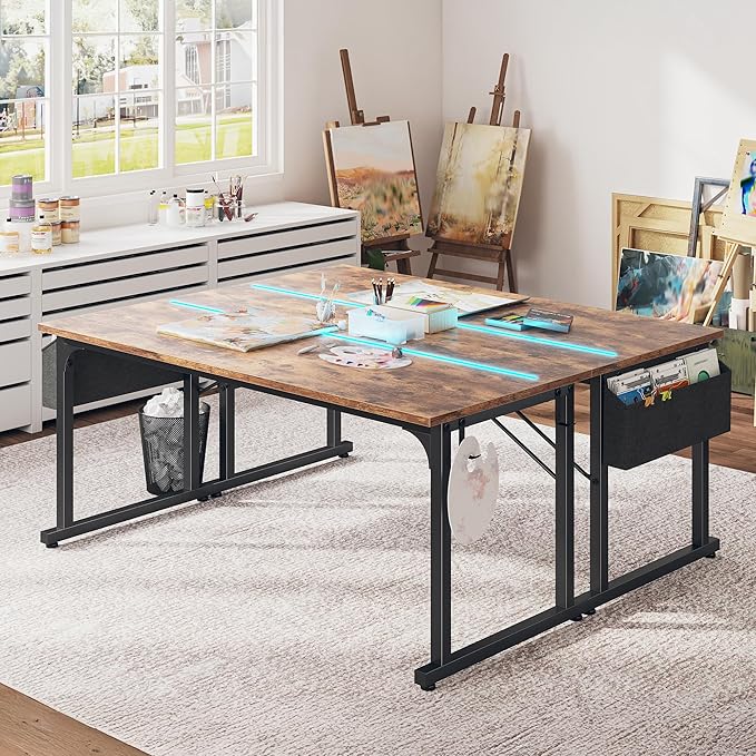 63 Inch Computer Desk with LED Lights, Office Desk for Home Office, Study Desk Writing Table with Storage Bag, Headphone Hook, Rustic Brown