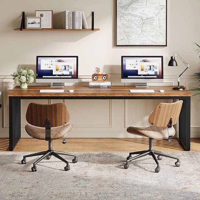 Tribesigns 2-Person Desk with Metal Frame, 78.74" Double Desk for Two People, Industrial Long Computer Writing Table for 2 People Home Office (Oak)