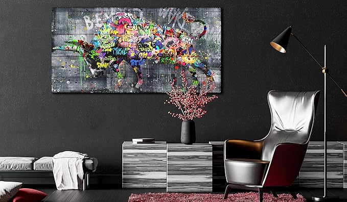 SIXTTART Highland Cow Wall-Art For Living Room Large Size - Banksy Canvas Wall Art For Bedroom - Graffiti Farmhouse Wall Decor Ready To Hang Size 59" x 29"