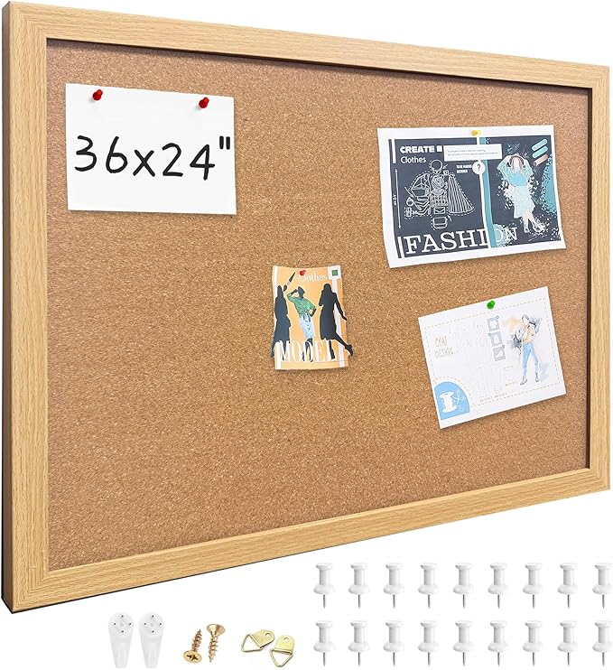 Cork Bulletin Board, 36x24 Inches Hanging Cork Board Wooden Framed with Pins for Wall, Dorm Room, Office, Home Decor – Natural Cork & Black Frame