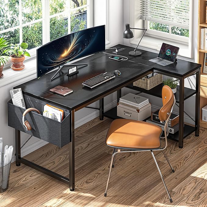 EnHomee 48" L Shaped Desk Office Desk with Power Outlets,Computer Desk with Reversible Storage Shelves & Side Bag,Small Gaming Desk for Gaming Working Small Space Home Office Bedroom,Black