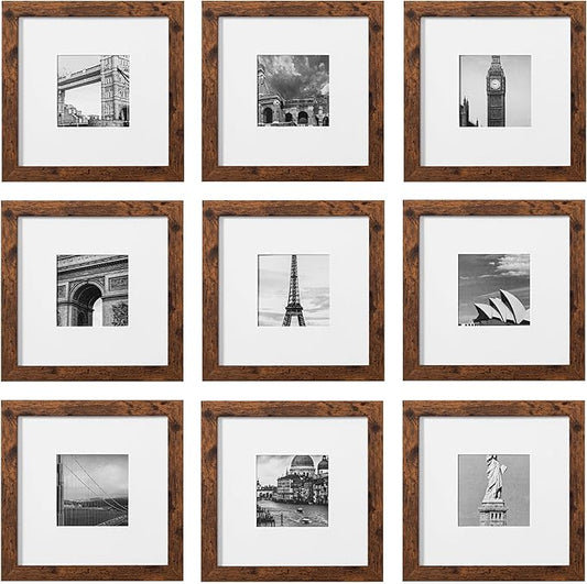 eletecpro 8x8 Picture Frames Set of 9 Classic Gallery Wall Frame Set Displays 4x4 Photo with Mat or 8x8 without Mat, Square Picture Frames Collage Wall Decor, Rustic Brown Modern Home Decor for