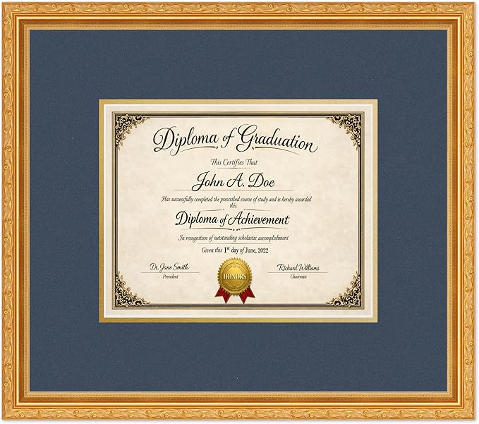 Diploma Frame Museum Gold with Navy Blue Over Gold Double Mat - Fits 10 x 8 Professional License Wall Display Made in the USA