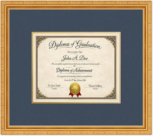 Diploma Frame Museum Gold with Navy Blue Over Gold Double Mat - Fits 10 x 8 Professional License Wall Display Made in the USA
