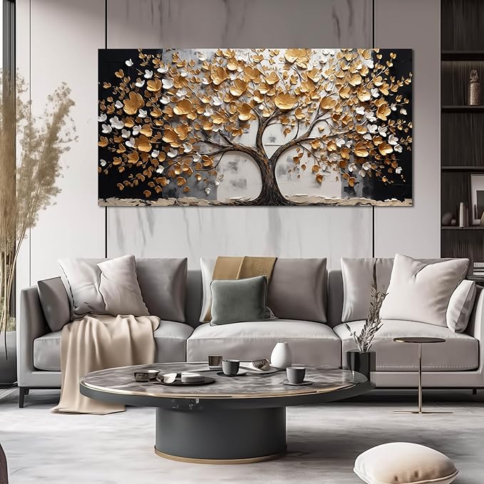 SKYRISE Abstract Gold Tree Wall Art for Living Room, Golden Tree Canvas Wall-Decor for Bedroom, Modern Landscape Decorative-Picture Print Artwork for Office Home, Large Size 59x29 Inches