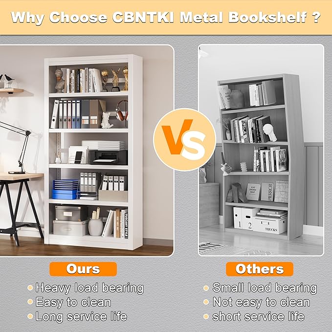 5 Tier Metal Bookcase,69'' Tall Heavy Duty Bookshelf with Open,White Large Adjustable Bookshelves,Sturdy Modern Heavy Duty Display Bookcases for Library,Office,Study Room,Living Room
