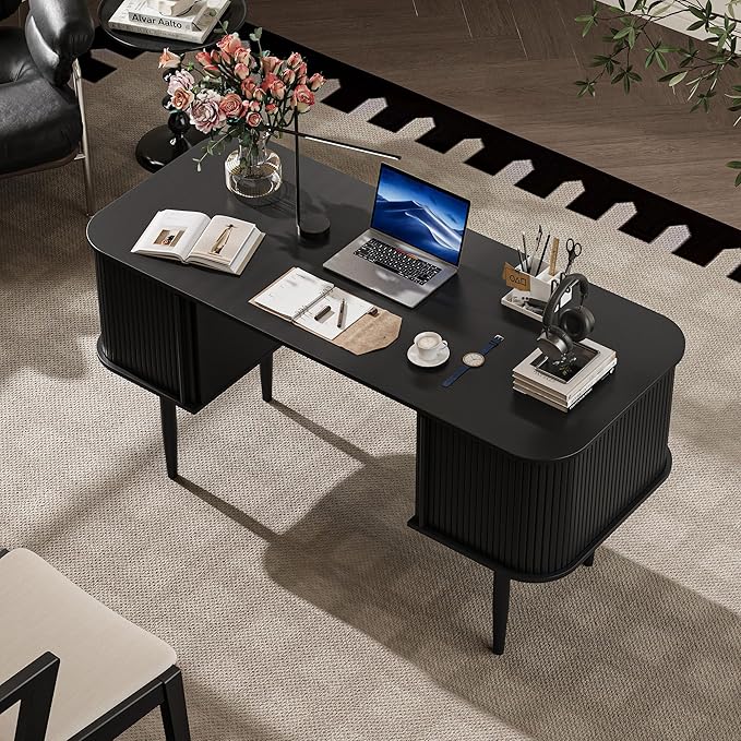 55" Modern Writing Desk with Storage, Wood Home Office Desk with Sliding Doors, Computer Desk for Home Office, Dorm, Living Room, Home Study Table, Black