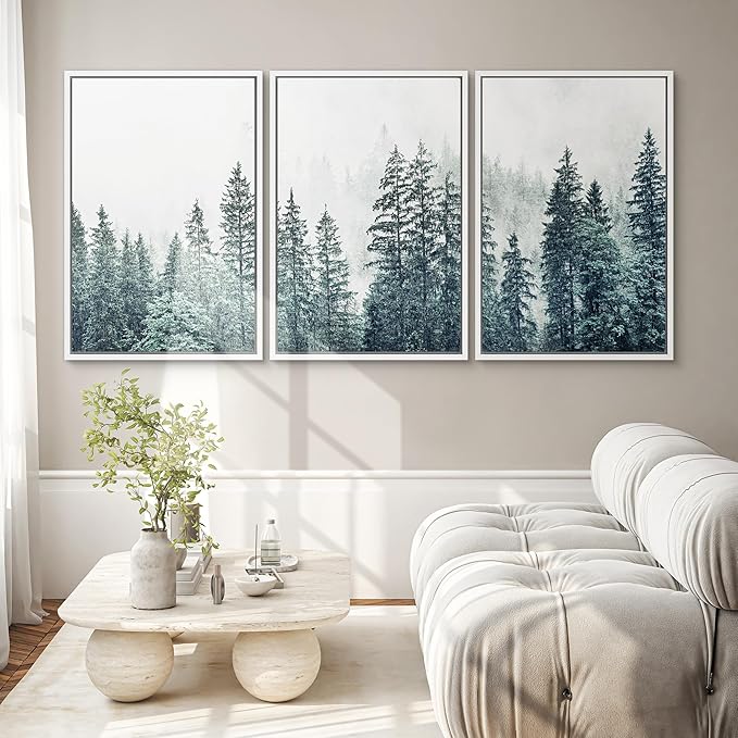 SIGNWIN Framed Canvas Print Wall Art Woodland Nursery Decor Set Film Grain Misty Mountain Pine Trees Nature Wilderness Modern Art Chic Landscape for Living Room, Bedroom, Office - 24"x36"x3 White