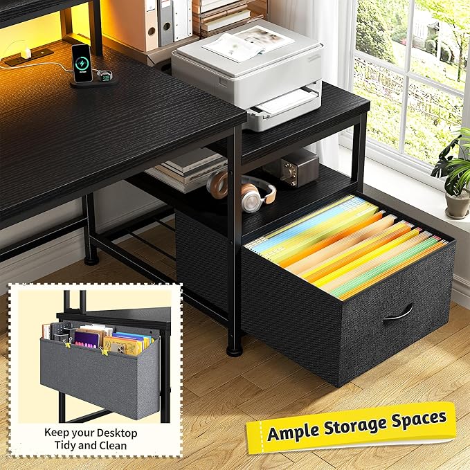Gaming Desk with Monitor Stand,Computer Desk with LED Lights &Power Outlets,Office Desk with Drawers & Printer Shelf,Writing Table with Side Storage Bag,57" W x 20" D x 36" H,Black Desk