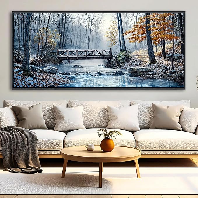 yiijeah Extra Large Living Room Wall Art - Modern Wall Decor for Bedroom Office Decor Mountain Forest Landscapes Village Bridge Painting Framed Canvas Prints 70x31 Inches