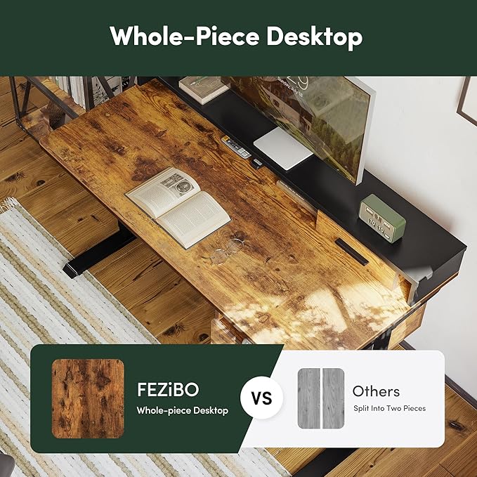 FEZIBO Standing Desk with Wood Drawers, 48" x 24" Electric Height Adjustable Table with Monitor Shelf, 3 Drawers and Open Storage, Computer Home Office Sit and Stand up Workstation, Rustic Brown