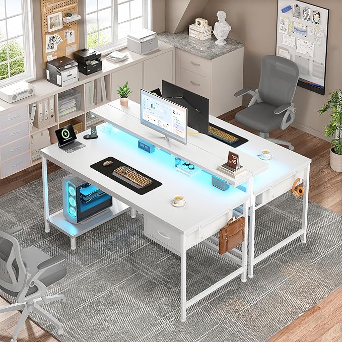 39.3Inch Computer Desk with Power Outlet & Drawer,Gaming Desk with CPU Stand& LED Lights,Corner Office Desk with Ergonomic Monitor Stand for Home Work, Study and Gaming, Small Spaces,White