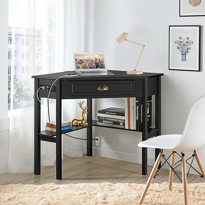 Yaheetech L Shaped Computer Desk Corner Table with Charging Station Outlets for Small Space, 90 Degree Triangle Desk Home Office Table with Drawer and Storage Shelf for Workstation, Living Room, Black
