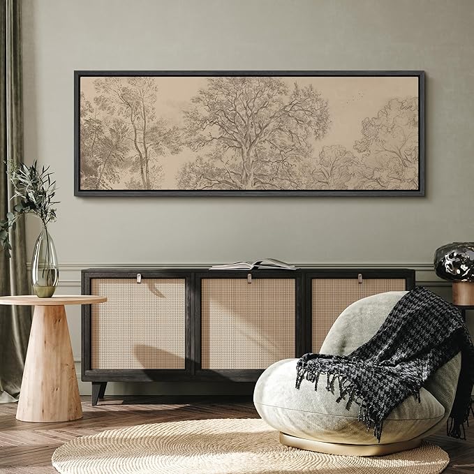 SIGNFORD Large Framed Canvas Vintage Tree Line Pencil Drawing Classic Illustrations Modern Art Calm Warm for Living Room, Bedroom, Office - 60"x20"
