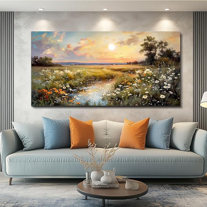 hyidecorart Large Canvas Wall Art for Living Room Wall Decor Bedroom Vintage Farmhouse Wildflower Wall Painting Office Decorations Nature Landscape Picture Artwork Aesthetic Home Decor Ready To Hang