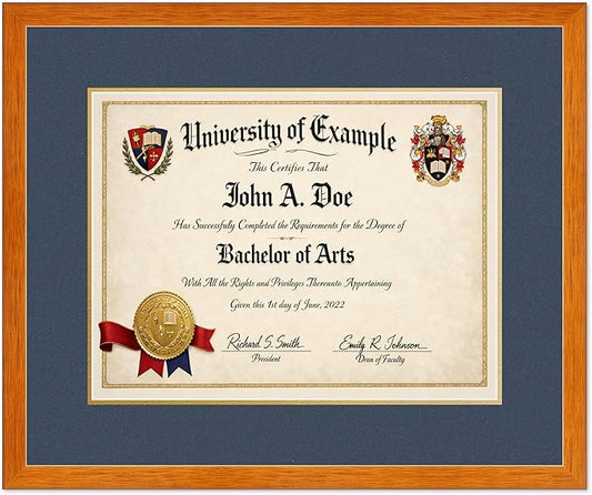 CountryArtHouse Diploma Frame Fits 17 x 13 International Diploma - Keepsake Graduation Display Honey Oak Genuine Hardwood with Navy Blue Over Metallic Gold Double mat