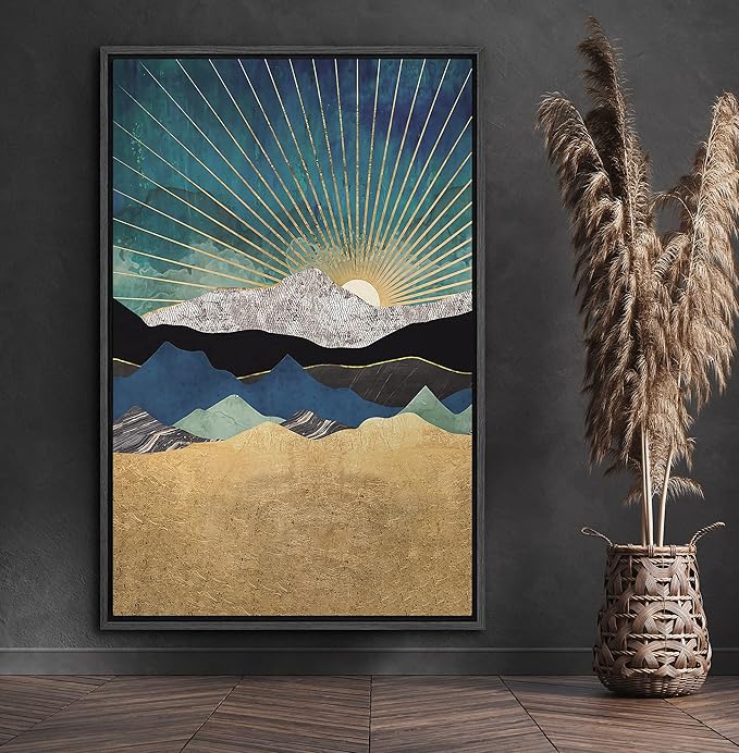 SIGNFORD Framed Canvas Print Wall Art Sun Peeks Over Granite Mountain Range Abstract Wilderness Illustrations Modern Art Contemporary Scenic for Living Room, Bedroom, Office - 16"x24" Black