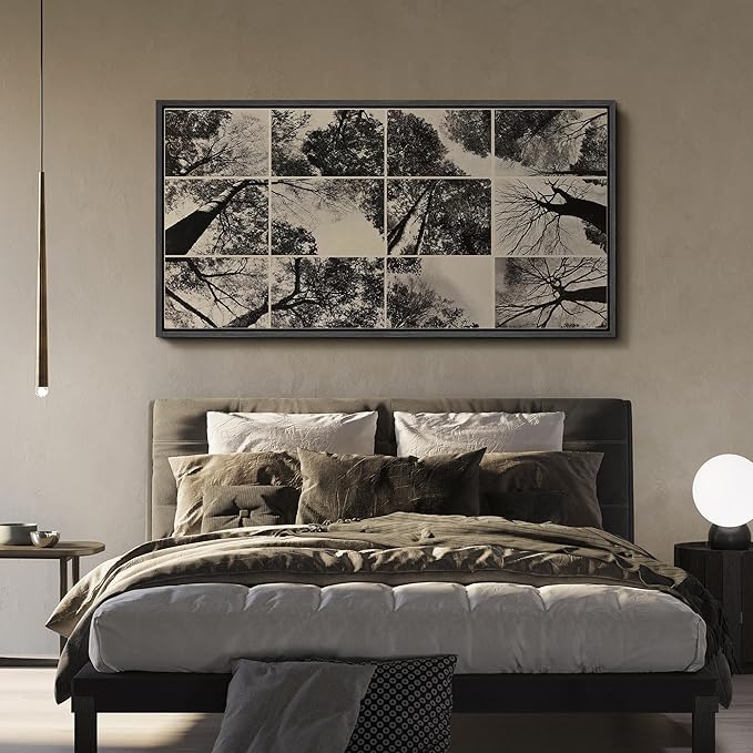 SIGNFORD Extra Large Framed Canvas Print Wall Art Black and White Forest Canopy Grid Collage Illustrations Modern Art Calm Warm for Living Room, Bedroom, Office - 60"x30"
