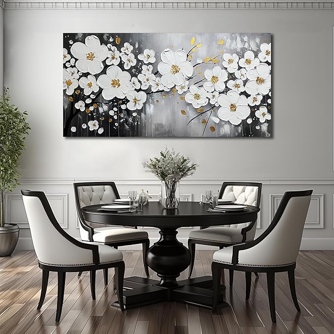 WDHCG Flower Hand Painted Wall Art For Office Women - Large Modern Art Wall Decor For Living Room - White Huge Canvas Wall Art For Bedroom Size 36 x 72 Inch