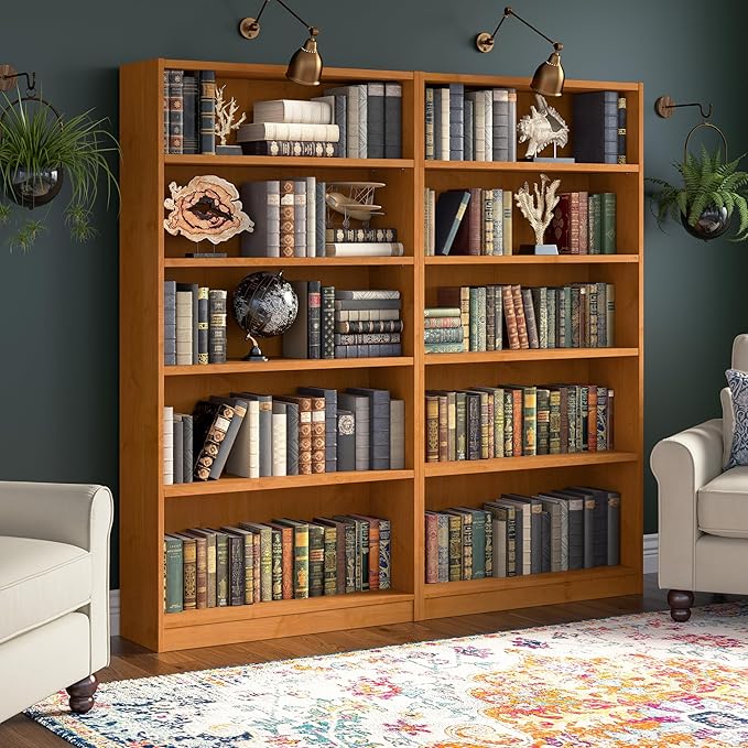 Bush Home Universal Tall 5 Shelf Bookcase in Natural Cherry, Vertical Storage and Display Bookshelf for Home Office or Living Room Organization