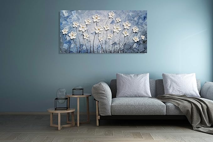 YHSKY ARTS 3D Hand - Painted White Floral Wall Art with Printed Blue Background, Textured Flower Decor for Home