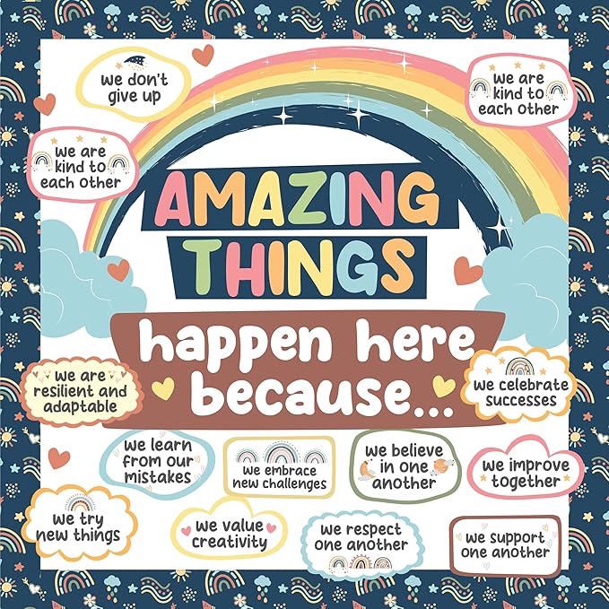 Decorably 112 Pcs Cutouts Boho Rainbow Theme Amazing Things Happen Here Bulletin Board Decorations Set with Borders, Boho Bulletin Board Decorations - Classrooms, School Hallways