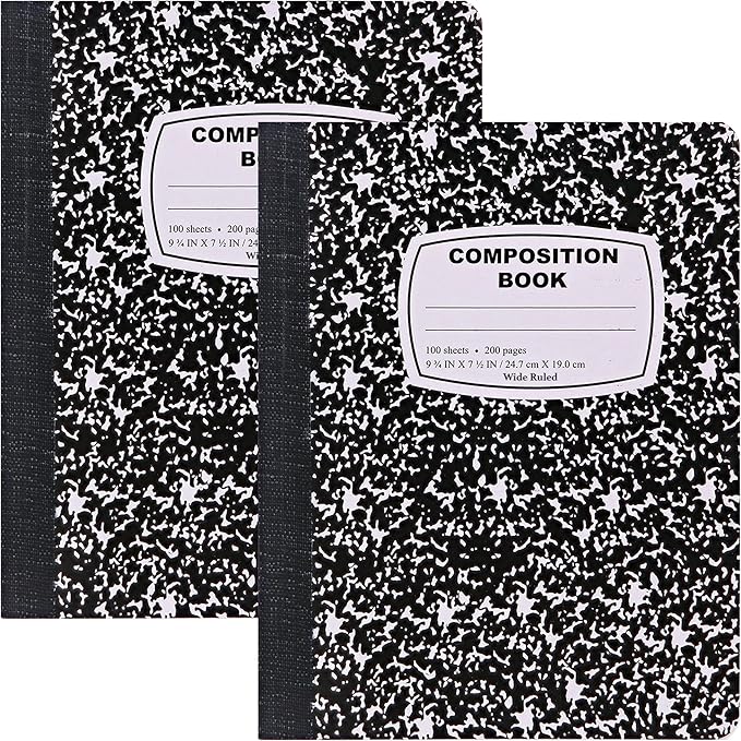 Composition Notebook Wide Ruled (2 Pack) Hard Cover Marble composition notebook, 100 Sheets, Wide Ruled Composition Notebooks, White Paper Composition books, Black and white composition notebook.