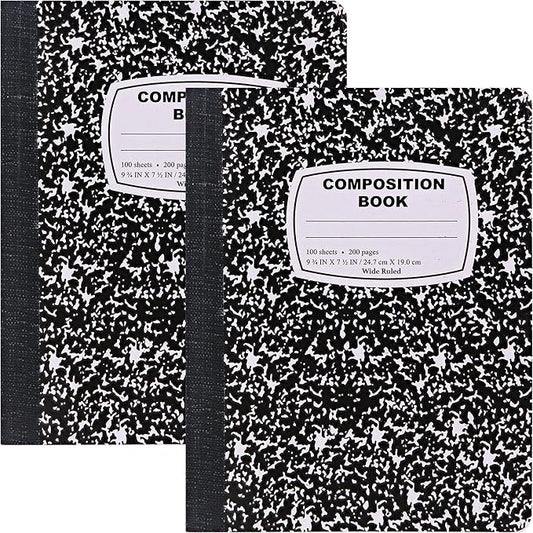 Composition Notebook Wide Ruled (2 Pack) Hard Cover Marble composition notebook, 100 Sheets, Wide Ruled Composition Notebooks, White Paper Composition books, Black and white composition notebook.
