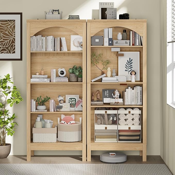56" H Tall Bookshelf and Bookcase, Arched Book Shelf with 4-Tier Open Shelves, Wooden Storage Bookcase Freestanding Display Bookshelves for Bedroom, Living Room, Natural Oak
