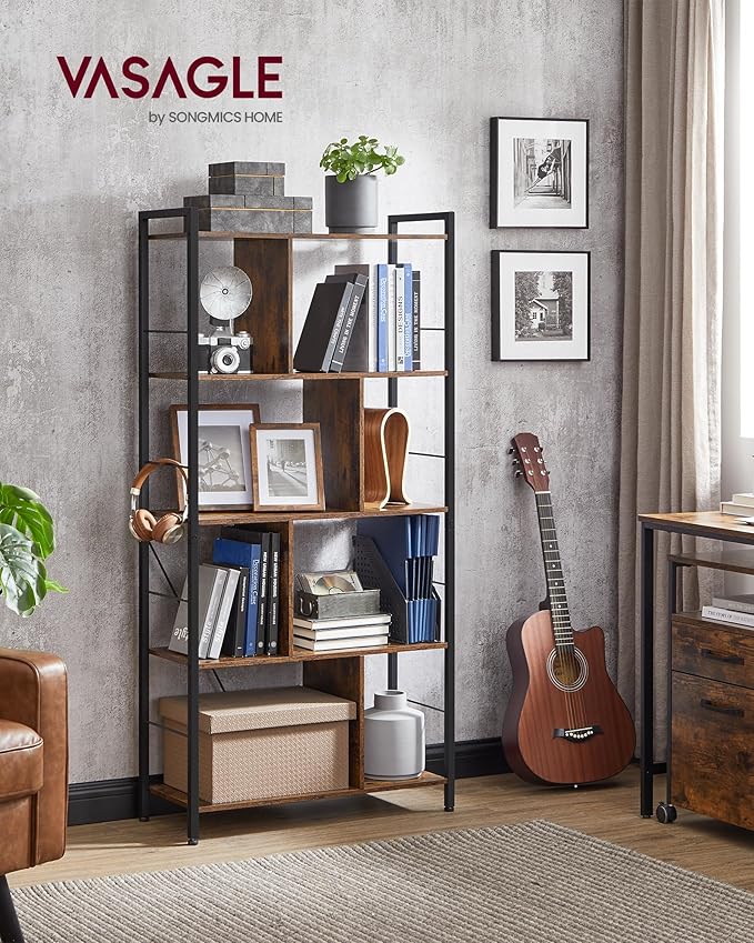 VASAGLE Bookshelf, 5-Tier Bookcase, Storage Shelving Unit, Display Shelf with Open Compartments for Living Room, Home Office, Bedroom, Industrial, Rustic Brown and Black ULBC121B01