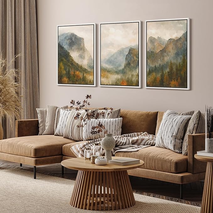 SIGNFORD Framed Wall Art Print Set Misty Mountain Valley Watercolor Serene Nature Landscape Digital Art Modern Art Contemporary for Living Room, Bedroom, Office - 24"x36"x3 White