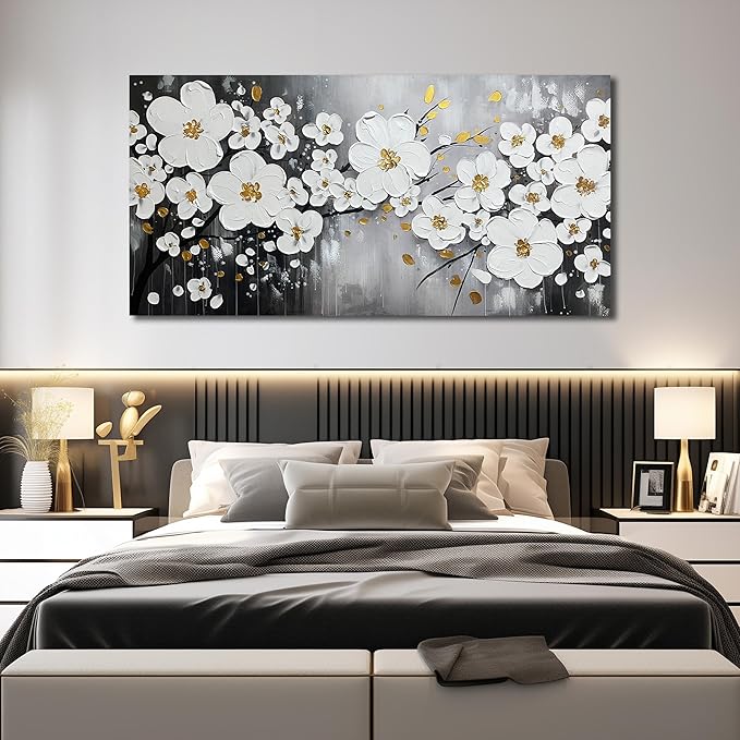 WDHCG Flower Hand Painted Wall Art For Office Women - Large Modern Art Wall Decor For Living Room - White Huge Canvas Wall Art For Bedroom Size 36 x 72 Inch