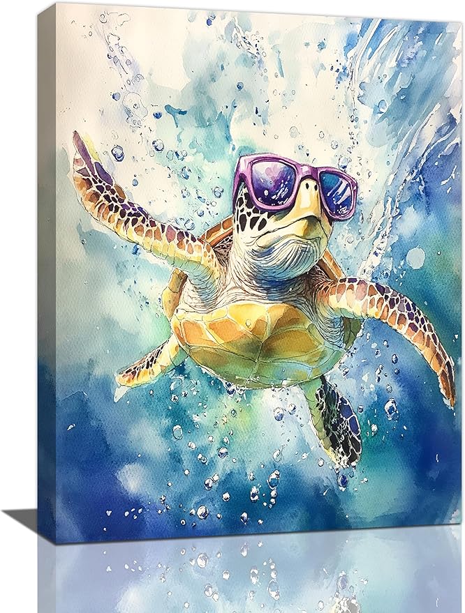 Sea Turtle Bathroom Decor Funny Turtle Ocean Bathroom Wall Art Sea Turtle Nautical Pictures Prints Turtles Gift Painting Sea Turtles Framed Artwork for Bedroom Living Room 16"x24"