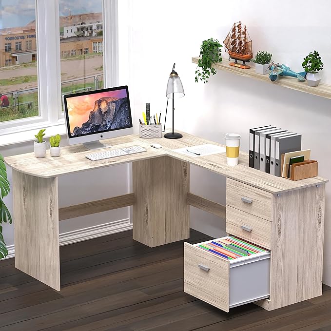 SHW 51 x 59 Inches L-Shaped Home Office Wood Corner Desk with Box Box File Drawers, Maple