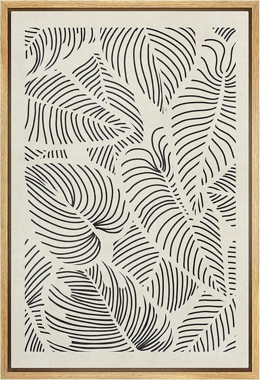 IDEA4WALL Framed Canvas Print Wall Art Hawaiian Black & White Tropical Island Leaf Print Abstract Shapes Illustrations Modern Art Decorative Minimalist Multicolor for Bedroom - 16"x24" Natural