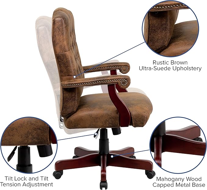 Flash Furniture Derrick Traditional Microfiber Tufted Swivel Office Chair with Wood Base, Ergonomic Farmhouse High-Back Desk Chair, Bomber Brown