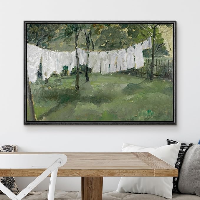 MUDECOR Framed Canvas Print Wall Art White Laundry Hanging in Garden Rustic Countryside Illustrations Minimalism Decorative Relax Colorful for Living Room, Bedroom, Office - 16"x24" Black