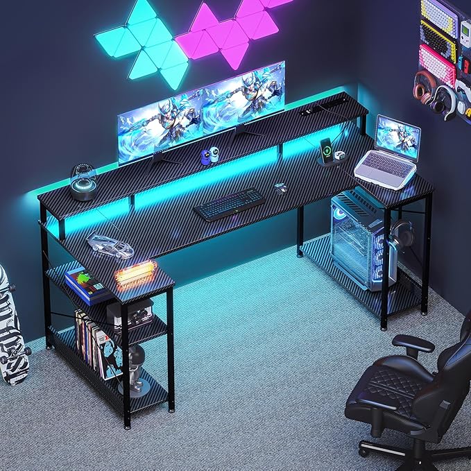 ODK 55 Inch Gaming Desk with LED Lights and Power Outlet, U-Shaped Computer Desk with Monitor Stand and Storage Shelves, PC Gamer Table for Home Office, Carbon Fiber Black