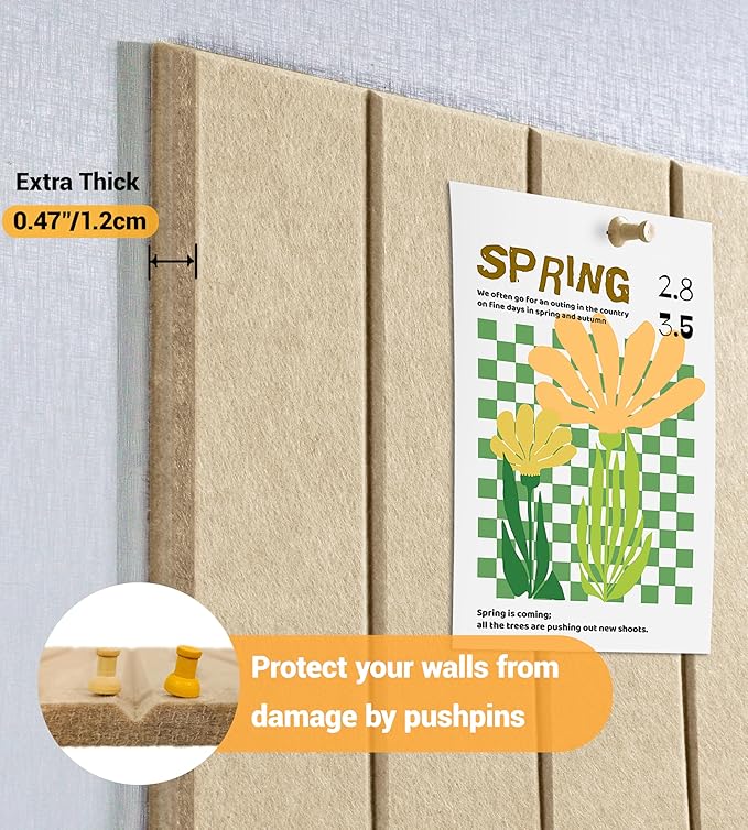 1/2" Thick Cork Board for Office, 6 Pack Felt Wall Tiles -28"x18" with Safe Adhesive Tabs, Large Bulletin Board, Push Pin Board Organizer Wall - Tan