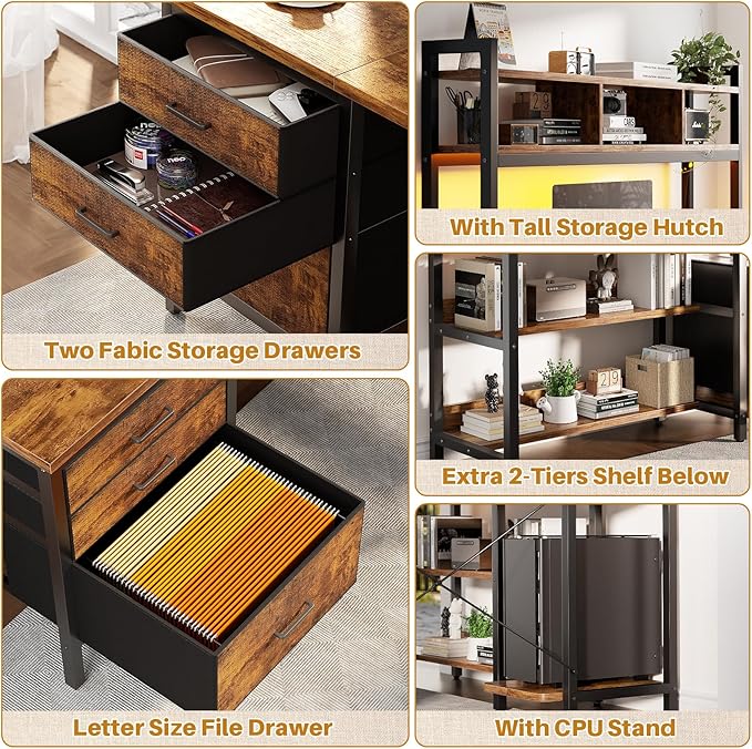 Aheaplus L Shaped Desk with Hutch, Gaming Desk with Led Lights, Reversible Computer Desk with Power Outlet, Corner Desk with File Drawer & Monitor Stand, Storage Shelves for Home, F1, Rustic Brown