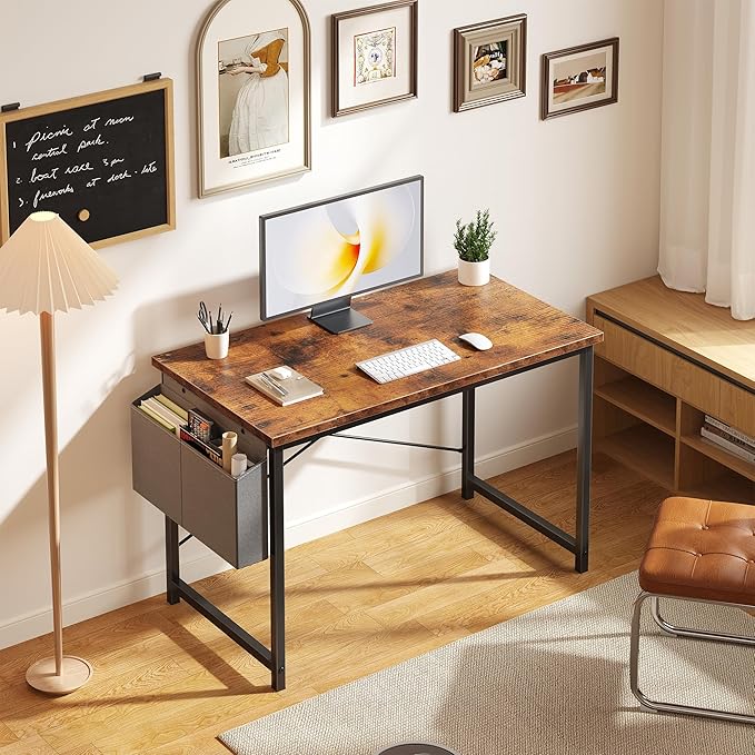OLIXIS Computer Desk 44 Inch Home Office Desks for Small Spaces, Gaming Writing Study Work Table with Storage Bag for Bedroom, Rustic Brown