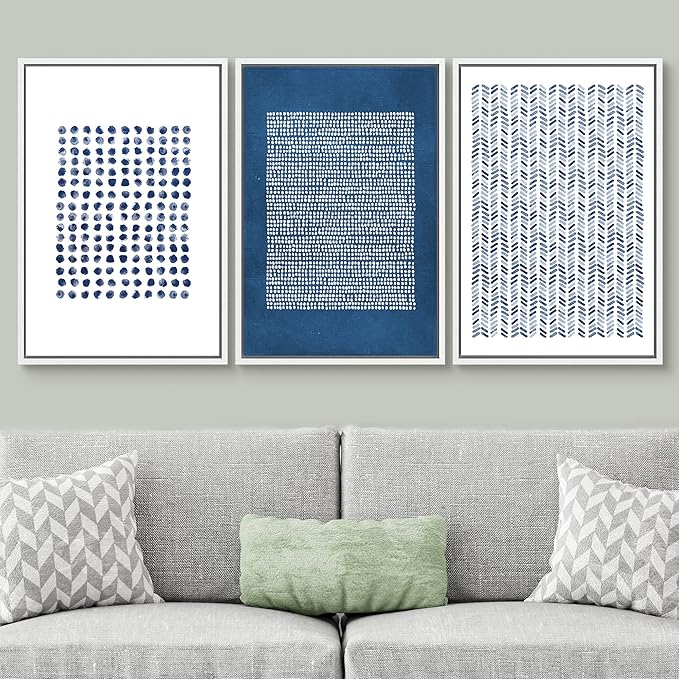 SIGNWIN Framed Canvas Print Wall Art Set Blue Geometric Pattern Landscape Abstract Shapes Illustrations Modern Art Decorative Boho Relax/Zen Nordic for Living Room, Bedroom, Office - 16"x24"x3 White