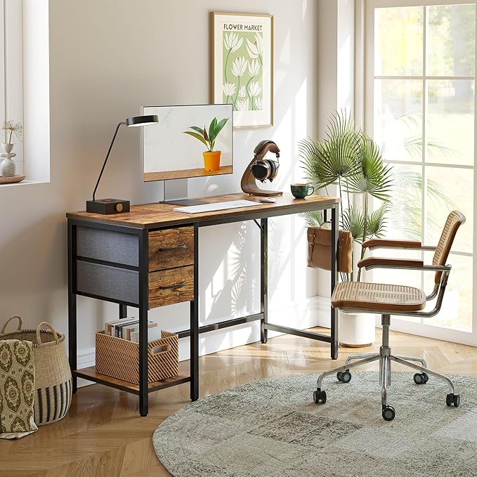 Cubiker Computer Home Office Desk with Drawers, 47 Inch Small Desk Study Writing Table, Modern Simple PC Desk, Rustic Brown