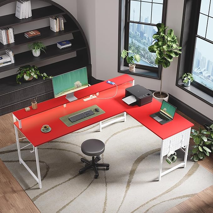 Pamray 64 Inch L Shaped Gaming Desk with Power Outlets and Led Lights, Large Corner Computer Desk with Monitor Stand and Pegboard, PC Table for Home Office and Bedroom Red