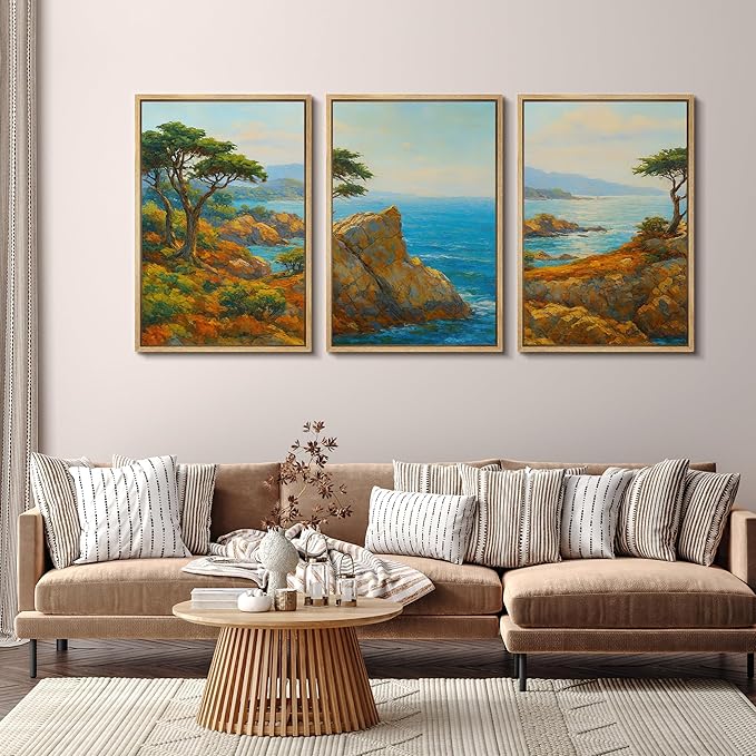 SIGNFORD Framed Wall Art Print Set Bright Coastal Cliffs and Ocean View Vibrant Seascape Digital Art Modern Art Contemporary for Living Room, Bedroom, Office - 24"x36"x3 Natural